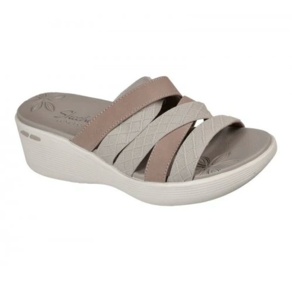 EUC Skechers Pier-Lite-Sun-Fading Beige and Brown Wedge Sandals - Picture 1 of 4